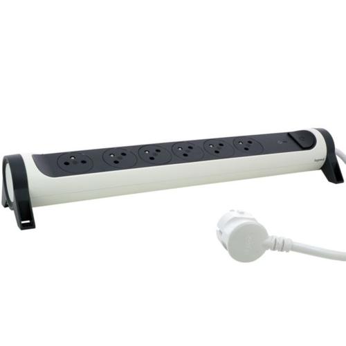 RRALLONGE MULTIPRISE AVEC BLOC ROTATIF DE 6 PRISES 2P+T SURFACE, INTERRUPTEUR, PARAFOUDRE ET CORDON LONGUEUR 1,5m - BLANC ET GRIS FONCE 049419 LEGRAND