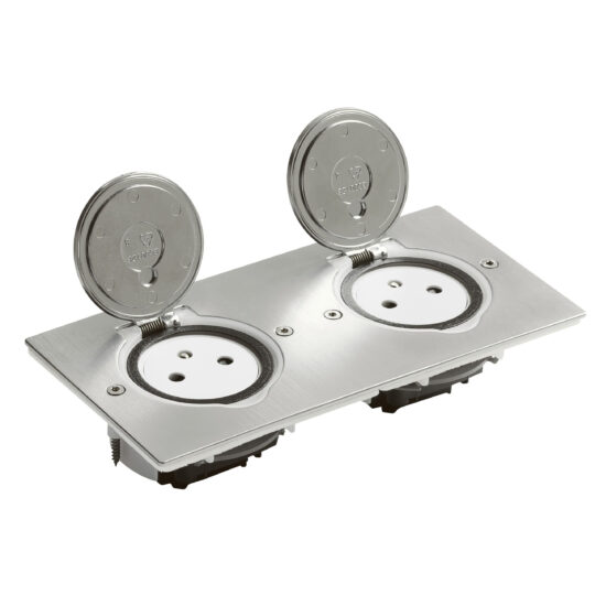 PRISE DE SOL ET PLAN DE TRAVAIL DOUBLE 2P+T SURFACE 16A 250V AVEC PLATINE RECTANGULAIRE-INOX BROSSE 089768 LEGRAND