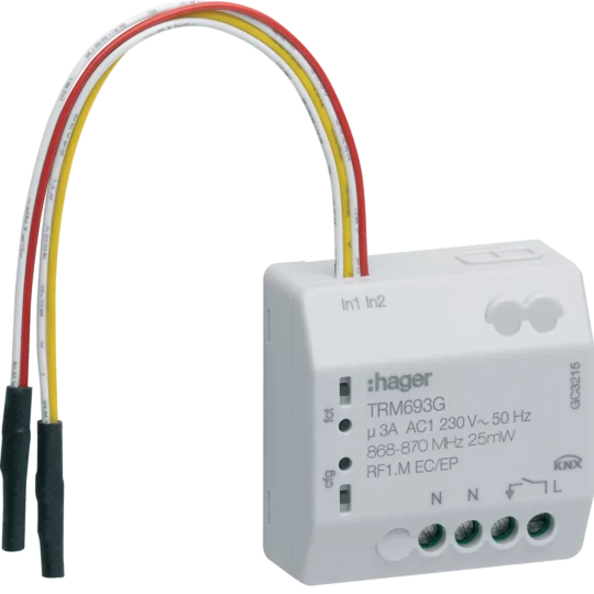MODULE 1 SORTIE 3A 230V+2 ENTREES A ENCASTRER KNX RADIO TRM693G HAGER