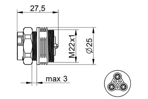 CONNECTEUR ENCASTRABLE ETANCHE MALE 2P+T IP68 R: 0,5-2,5MM² S:1-2,5MM² WP3/EH TK1/25 TEKOX
